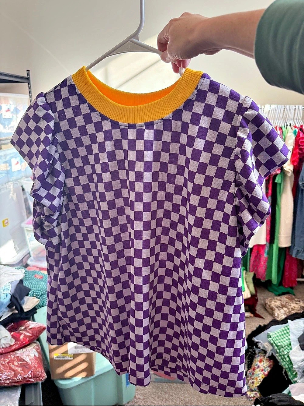 Purple Checkered Ruffle Sleeve Blouse Brand New Multiple Sizes Available - Picture 2 of 2